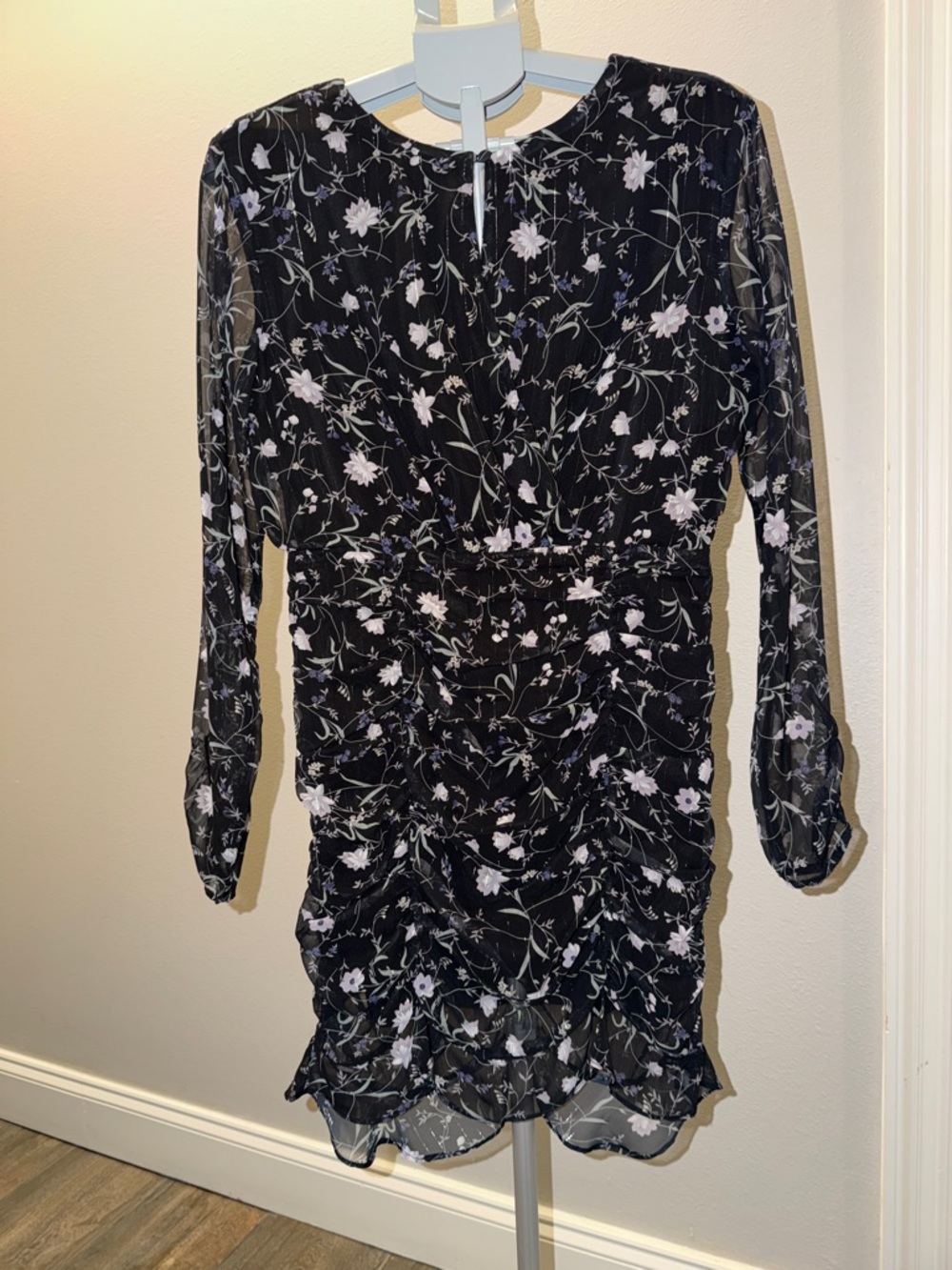 Greylin Black Wiggle Mini Dress with sheer sleeves & silver shimmering stripes